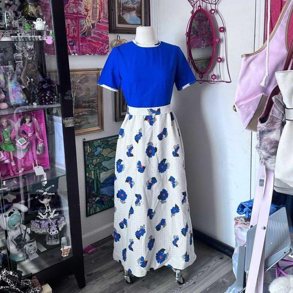 vintage handmade floral white blue maxi dress